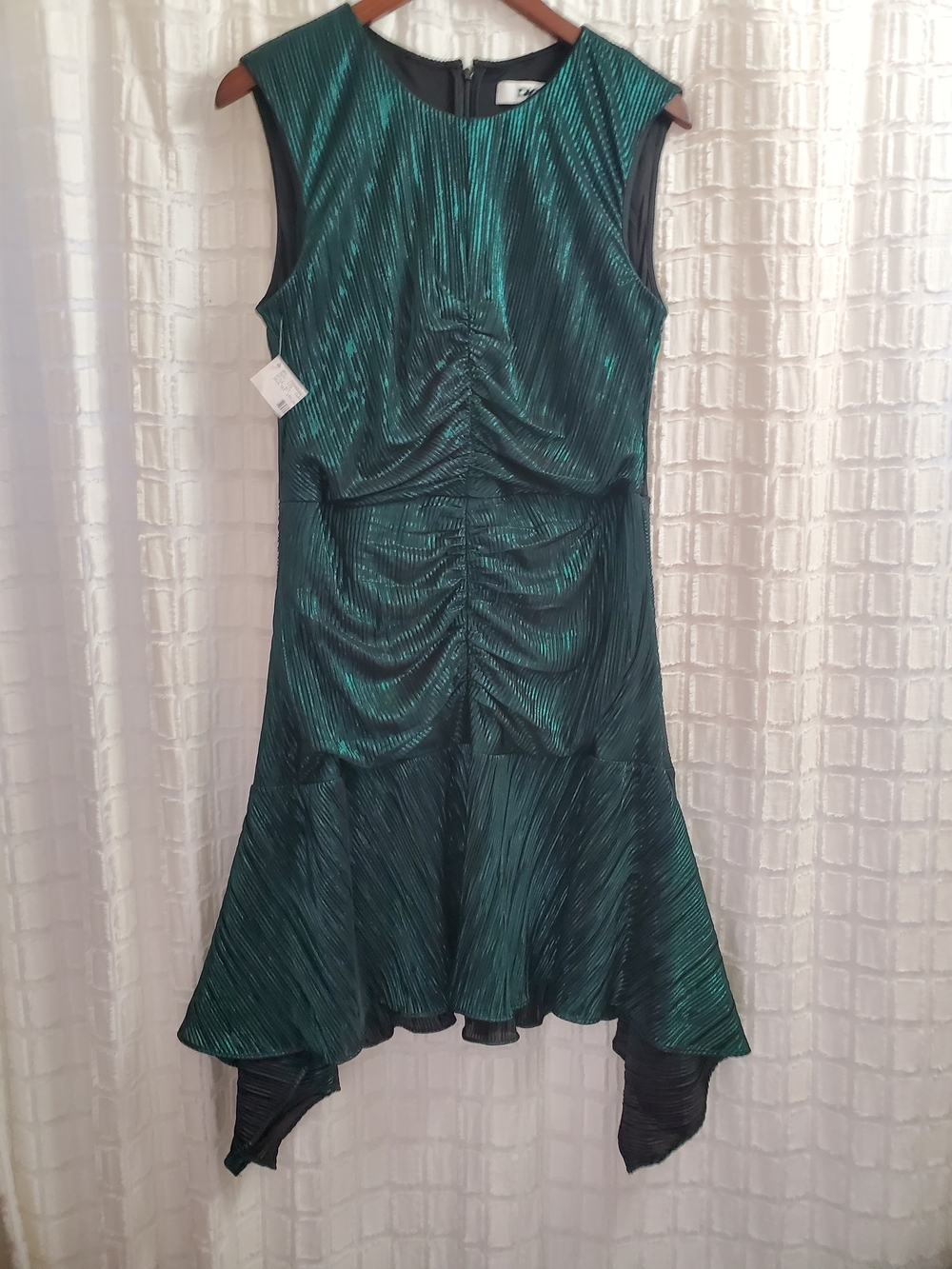DKNY Emerald Green Metallic Ruched Handkerchief Hem Dress - Picture 3 of 12